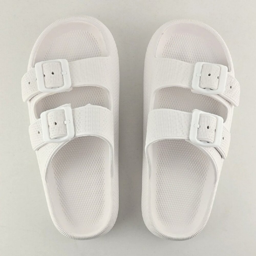 Chunky White Slide Sandals Double Buckle Straps Size Small 36/37